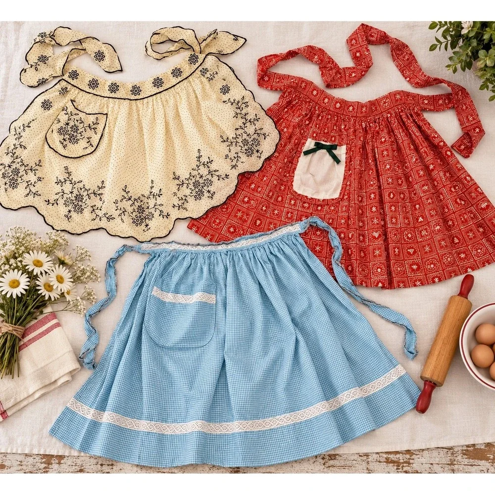 Vintage 1940s 1950s Apron Lot of 3 Floral Gingham Cotton Mid Century Kitchen